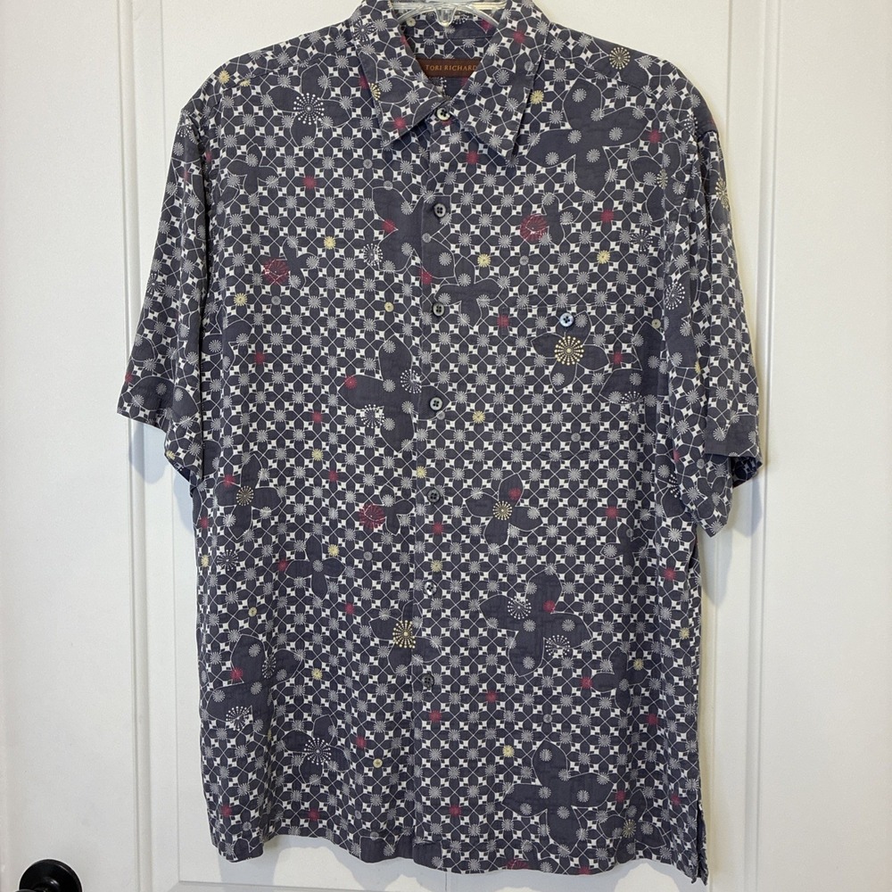 Tori Richard Mens Large 100% Silk Grey Geometric Starburst Floral Button Shirt
